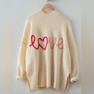 Cloud Ten Love Embroidered Oversized Valentine Sweater Cream Soft Size XL Cozy